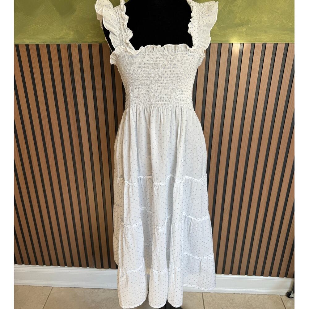 Hill House Ellie Nap Dress Blue Swiss Dot White Smocked Midi Size XS - Picture 3 of 10